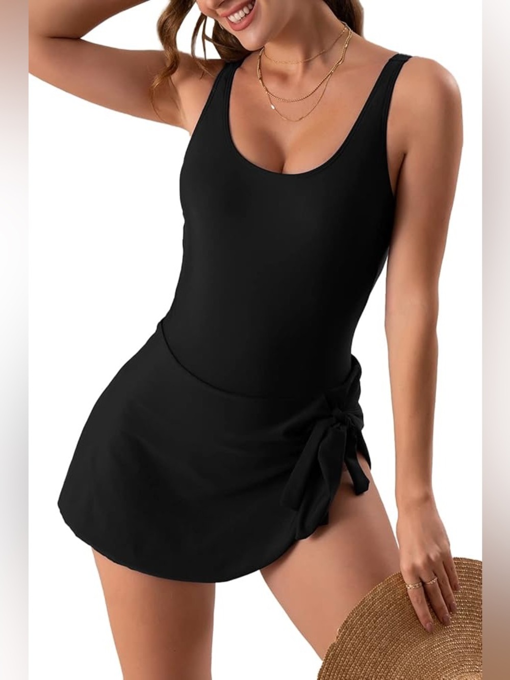 Classic Black One-Piece Swim Dress with Side Ties
